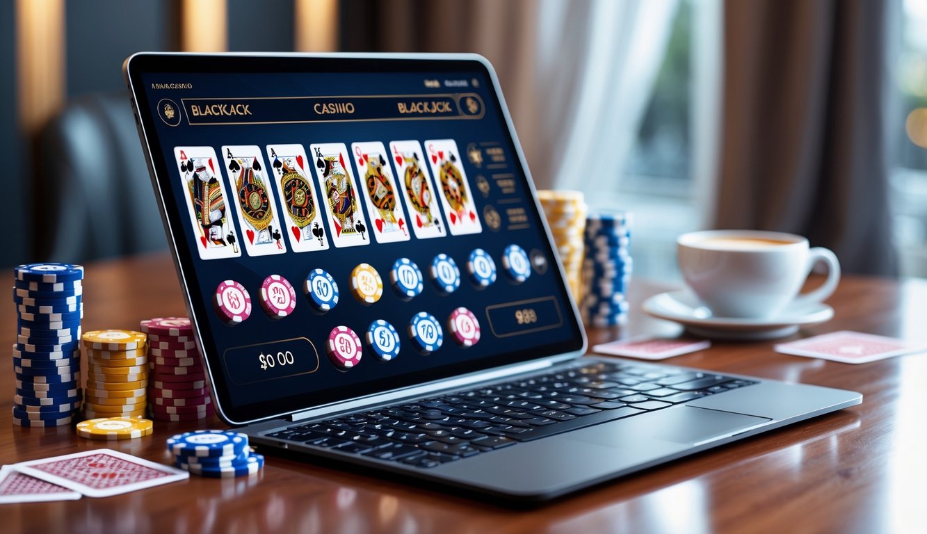 Sebuah laptop menampilkan permainan blackjack online dengan kartu dan chip di atas meja kayu.