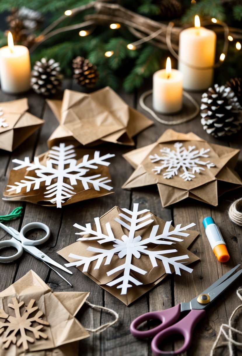 A table with handmade paper bag snowflakes and crafting supplies surrounded by winter decorations.