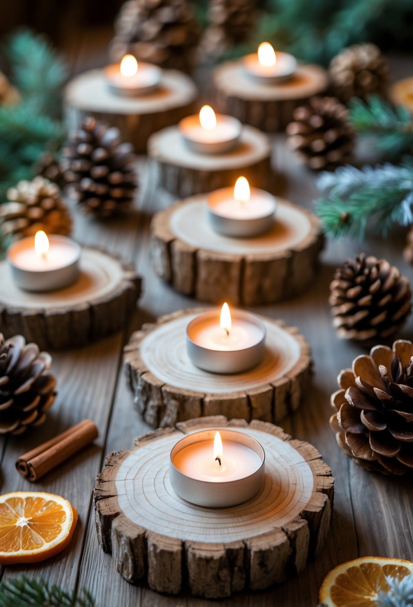A group of rustic wood slice candle holders with lit tealight candles surrounded by pine cones and winter greenery on a wooden surface.