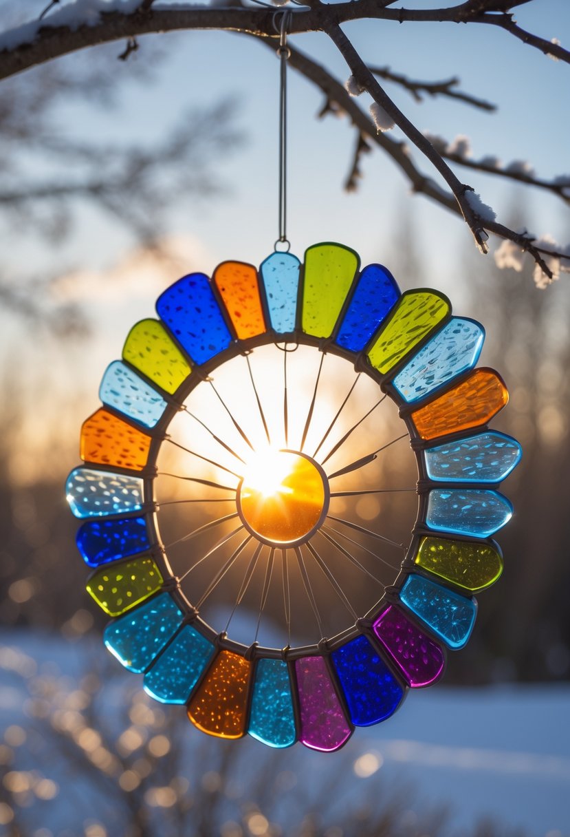 A colorful glass sun catcher hanging outdoors with winter trees and soft sunlight in the background.