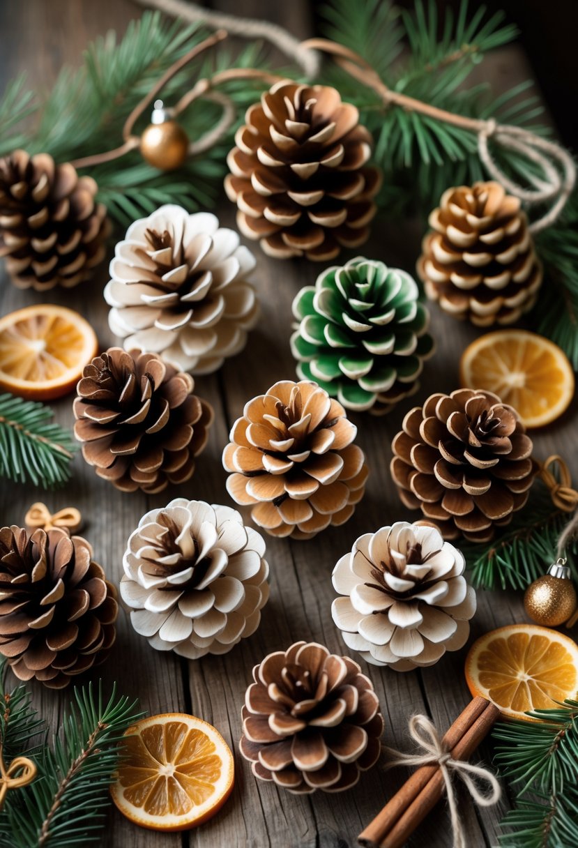 A collection of hand-painted wooden pinecone ornaments displayed on a wooden surface with pine needles and cinnamon sticks.
