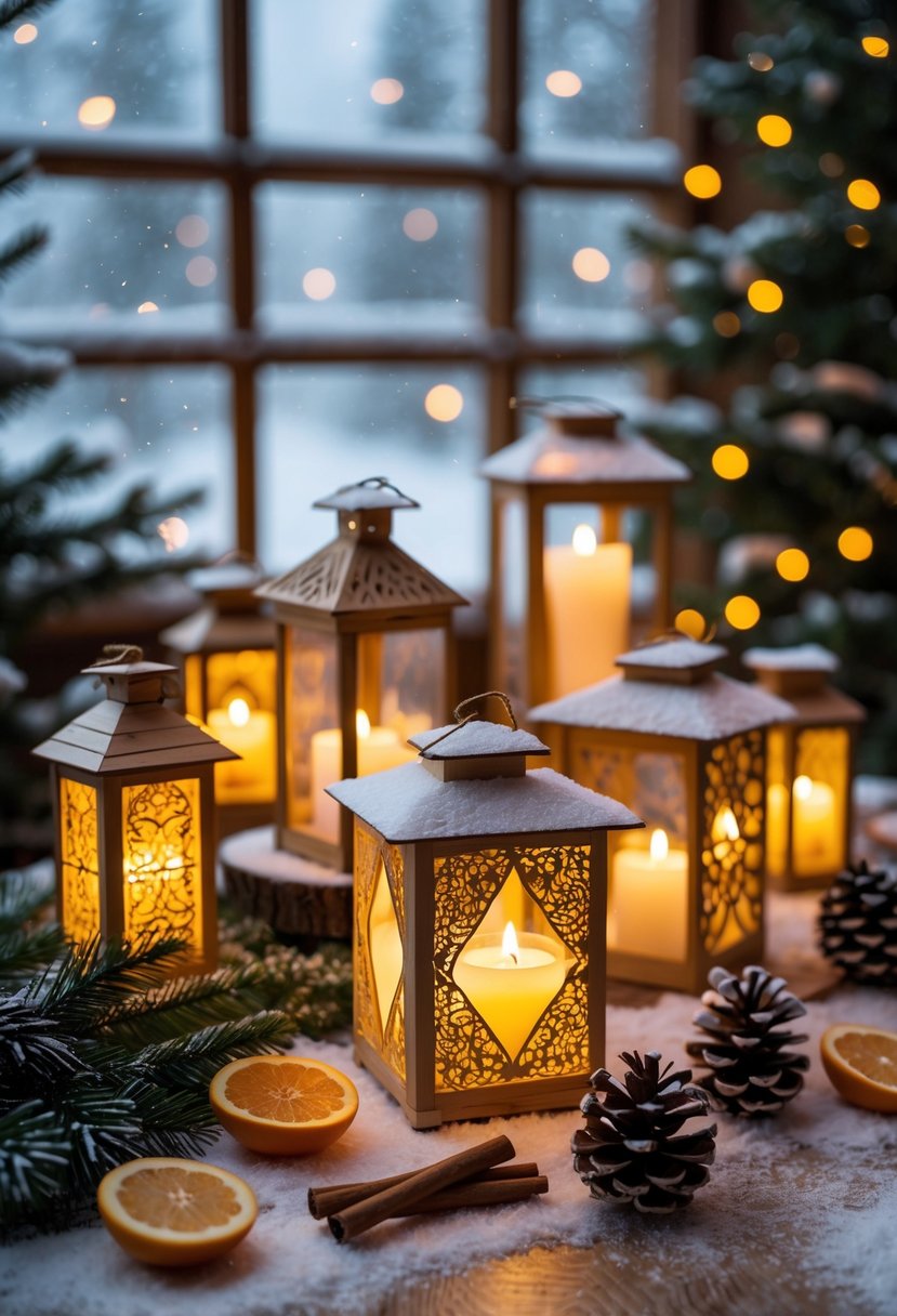 Glowing handcrafted lanterns on a wooden table surrounded by winter decorations with a snowy window in the background.