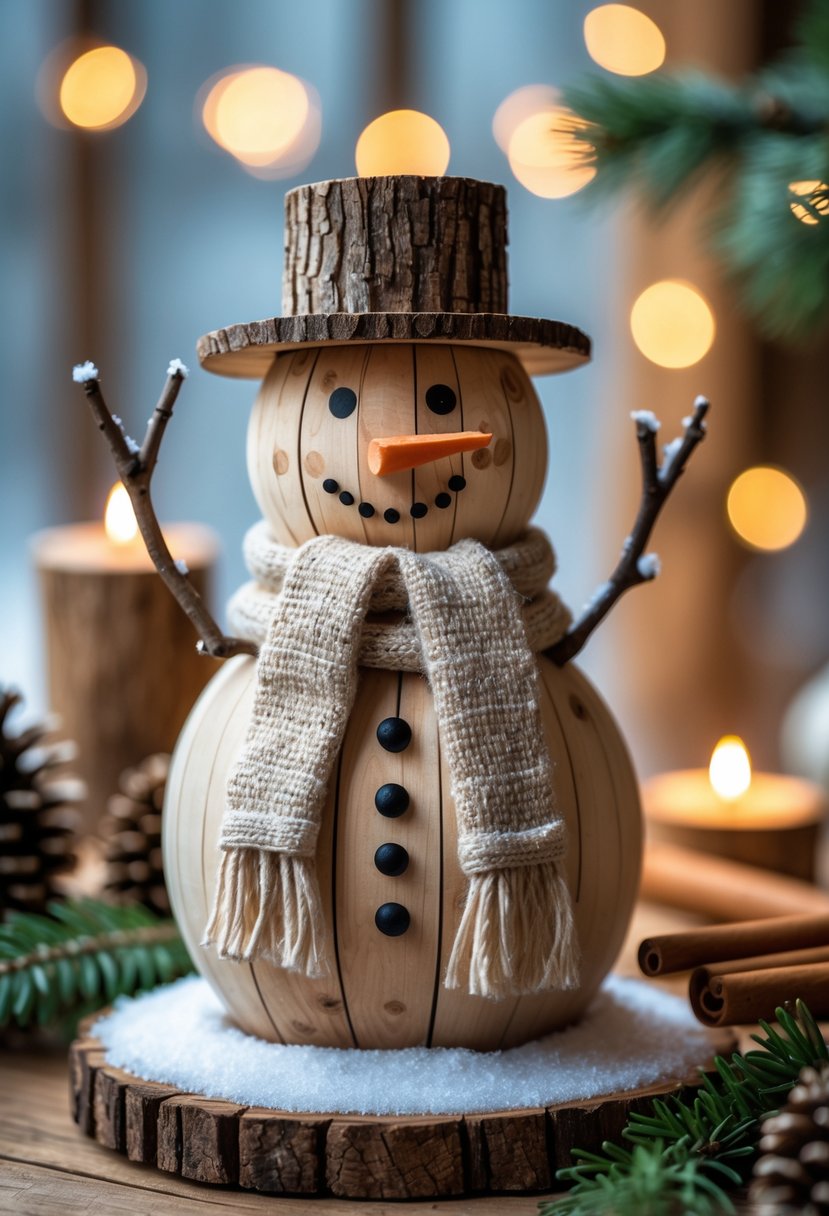 A wooden snowman centerpiece on a table surrounded by pinecones and evergreen branches.