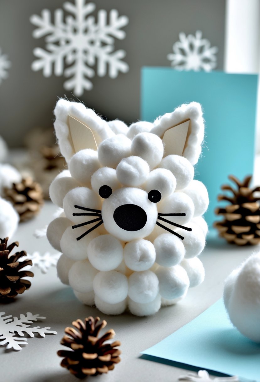 A small craft of an Arctic fox made from white cotton balls with black bead eyes and nose, surrounded by winter-themed craft materials on a softly lit surface.