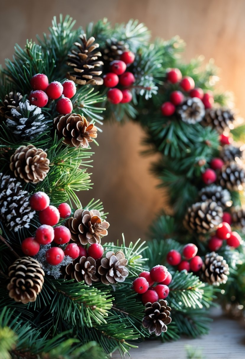 A circular wreath made of pinecones, red berries, and pine needles on a blurred warm background.