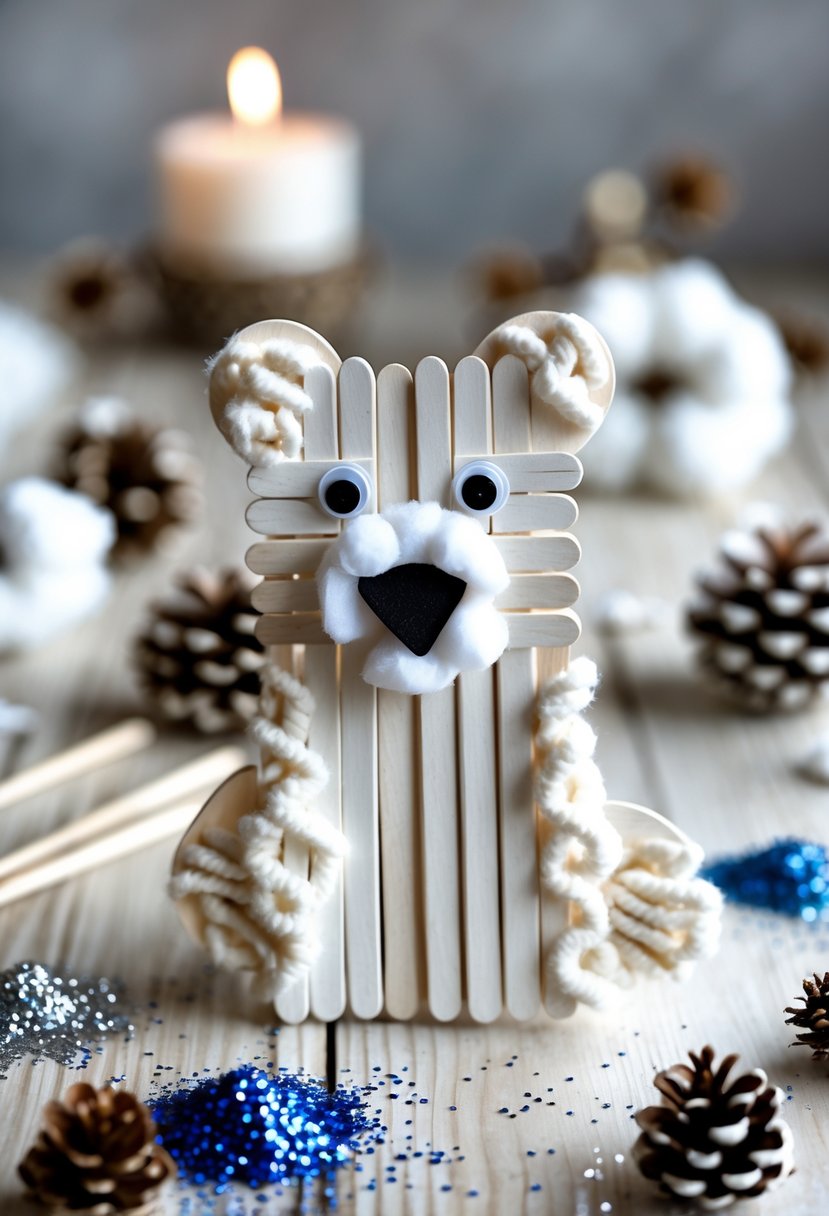 A handmade polar bear craft made from white popsicle sticks on a wooden table with winter craft supplies around it.