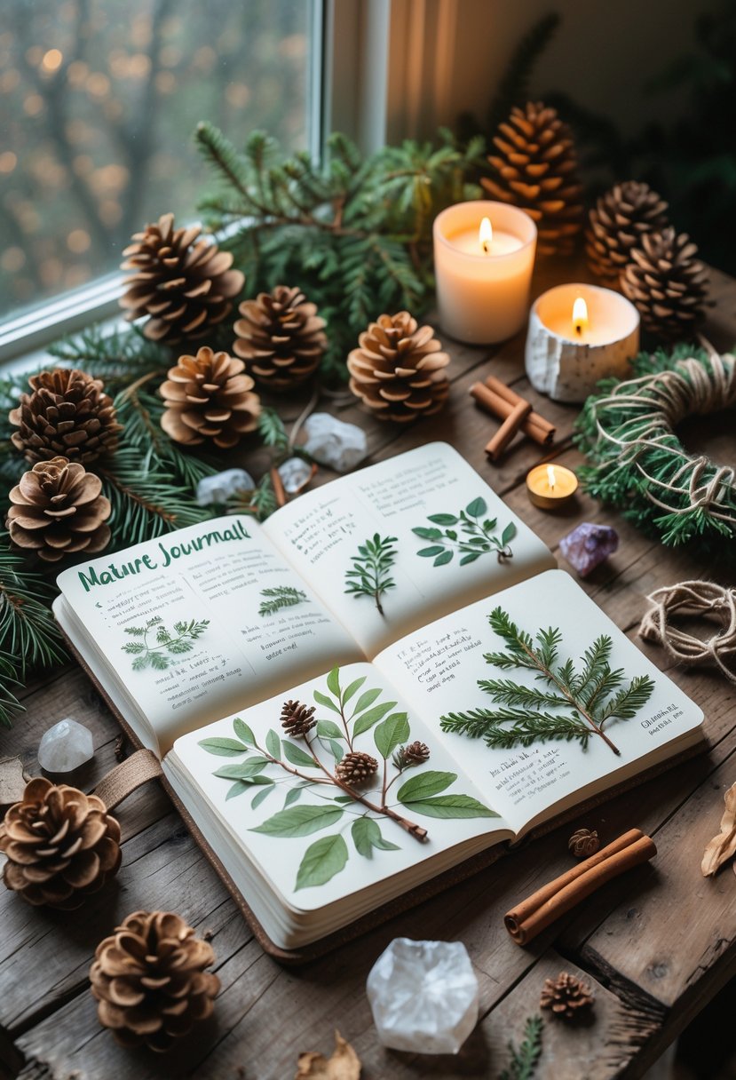 A nature journaling setup with an open journal, pinecones, evergreen sprigs, cinnamon sticks, crystals, and handmade winter solstice crafts on a wooden table by a window.