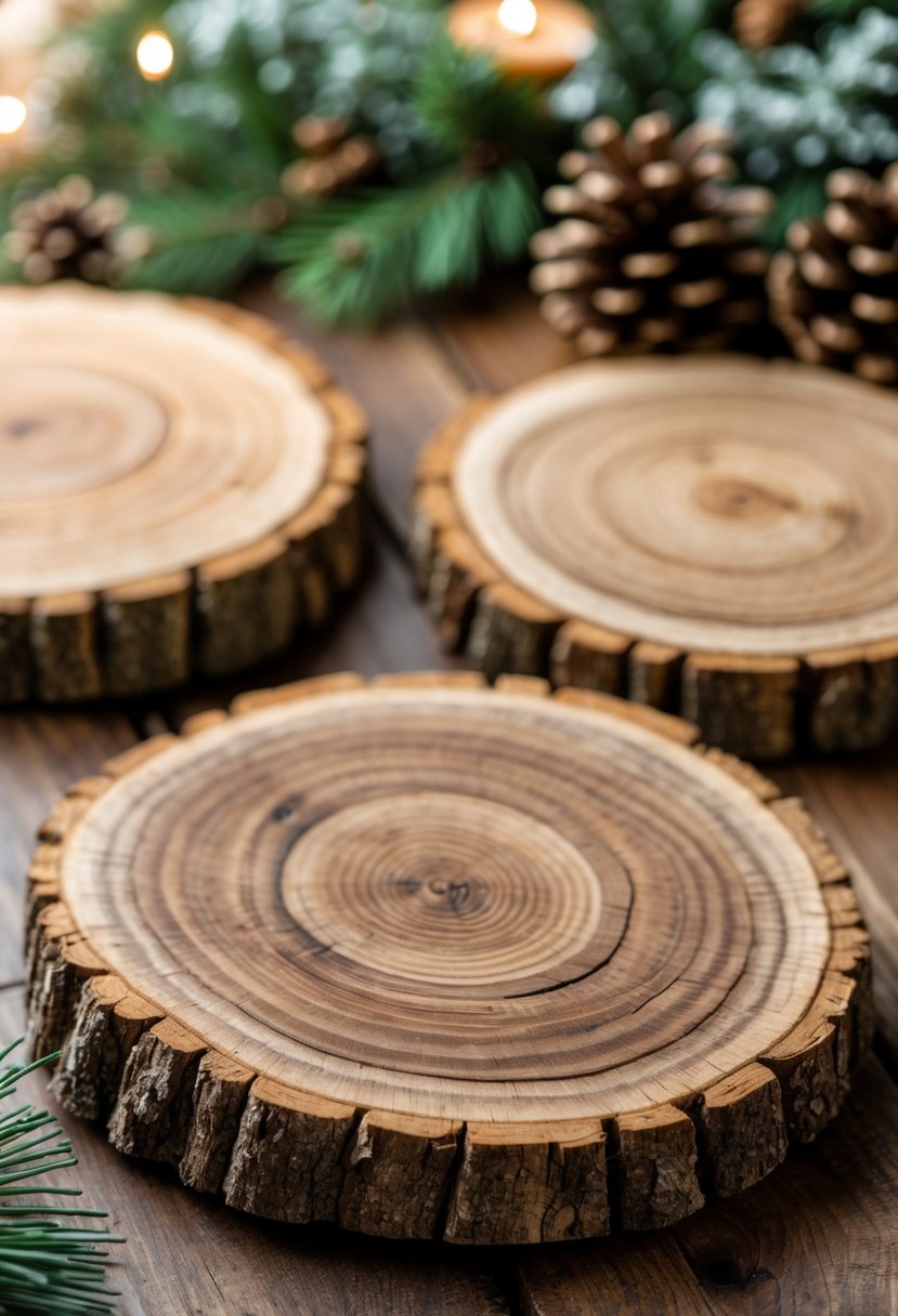 Several wooden log slice coasters with bark edges arranged on a wooden table surrounded by winter-themed natural elements.