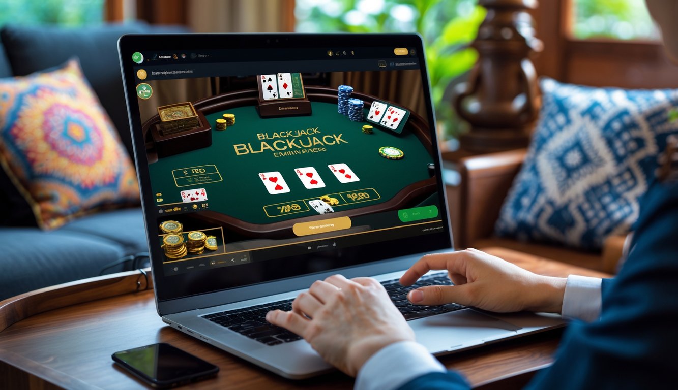 Seseorang bermain blackjack online di laptop dengan latar ruangan yang nyaman dan elemen budaya Indonesia di sekitar.