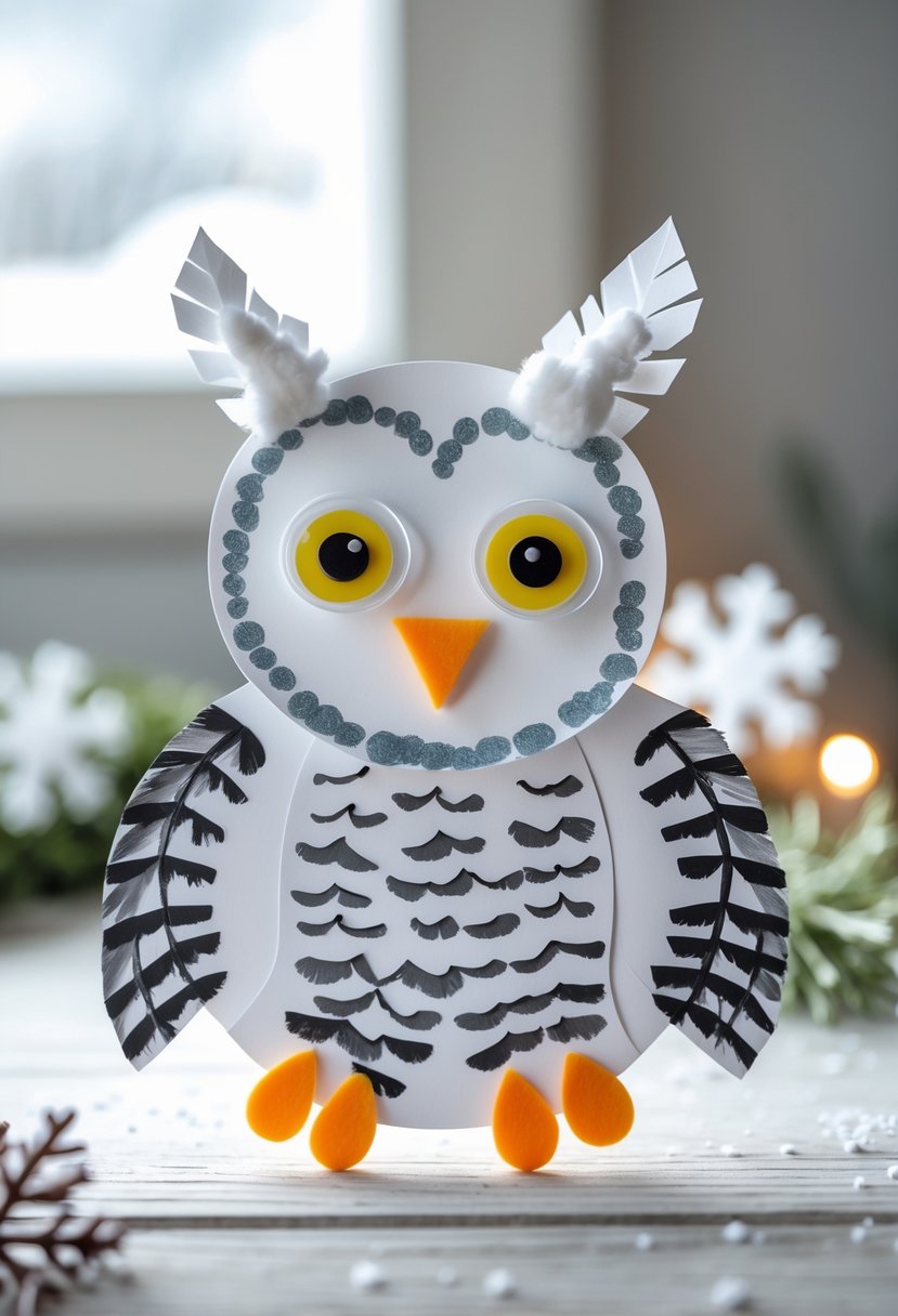 A handprint-shaped snowy owl craft decorated with white, black, and gray colors, placed on a wooden surface with snowflake decorations around it.