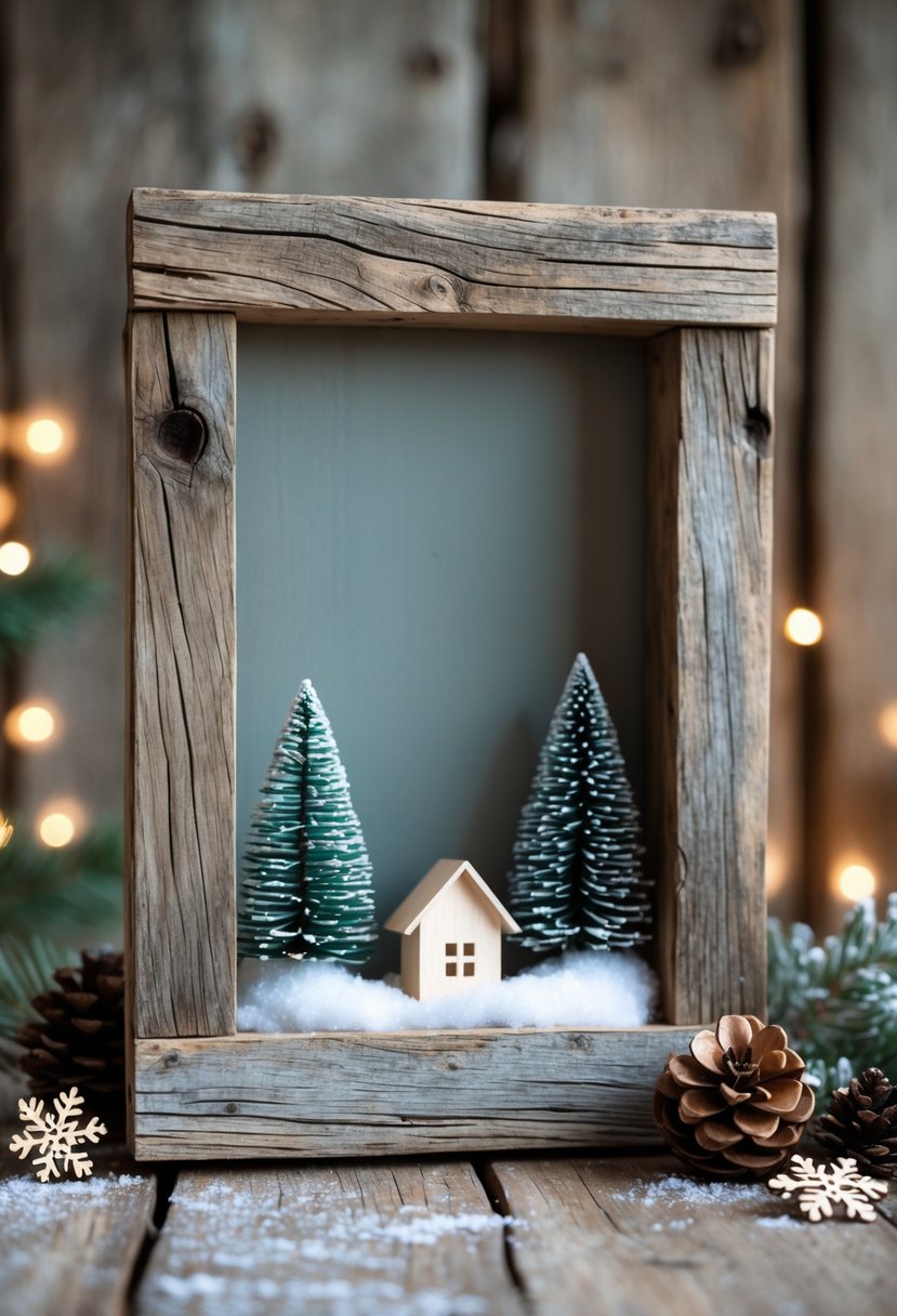 A rustic wooden frame surrounded by winter-themed decorations including pinecones, evergreen sprigs, and wooden snowflakes.
