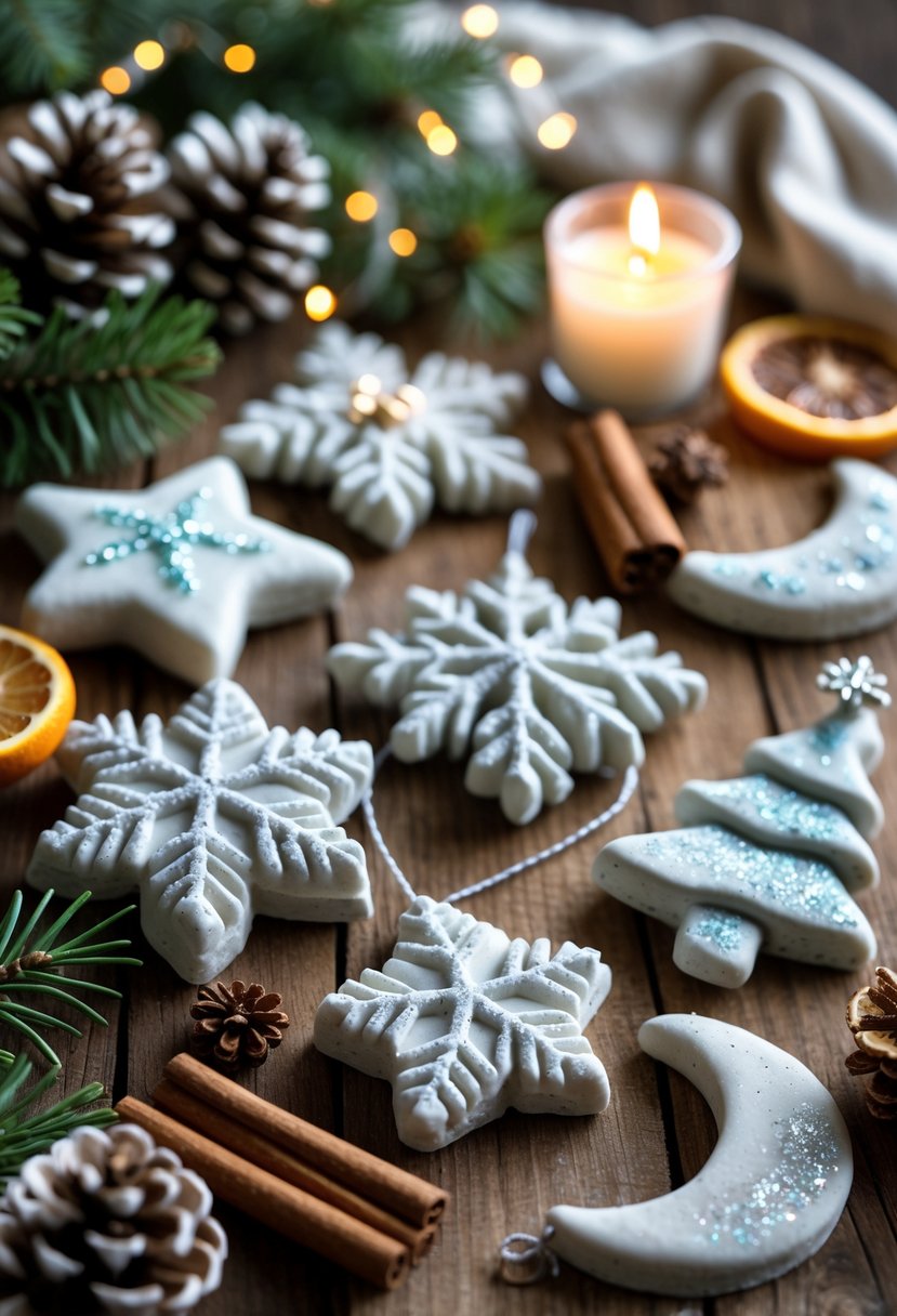A collection of handmade salt dough winter ornaments including stars, snowflakes, and trees arranged on a wooden table with pinecones, evergreen sprigs, and warm candlelight in the background.