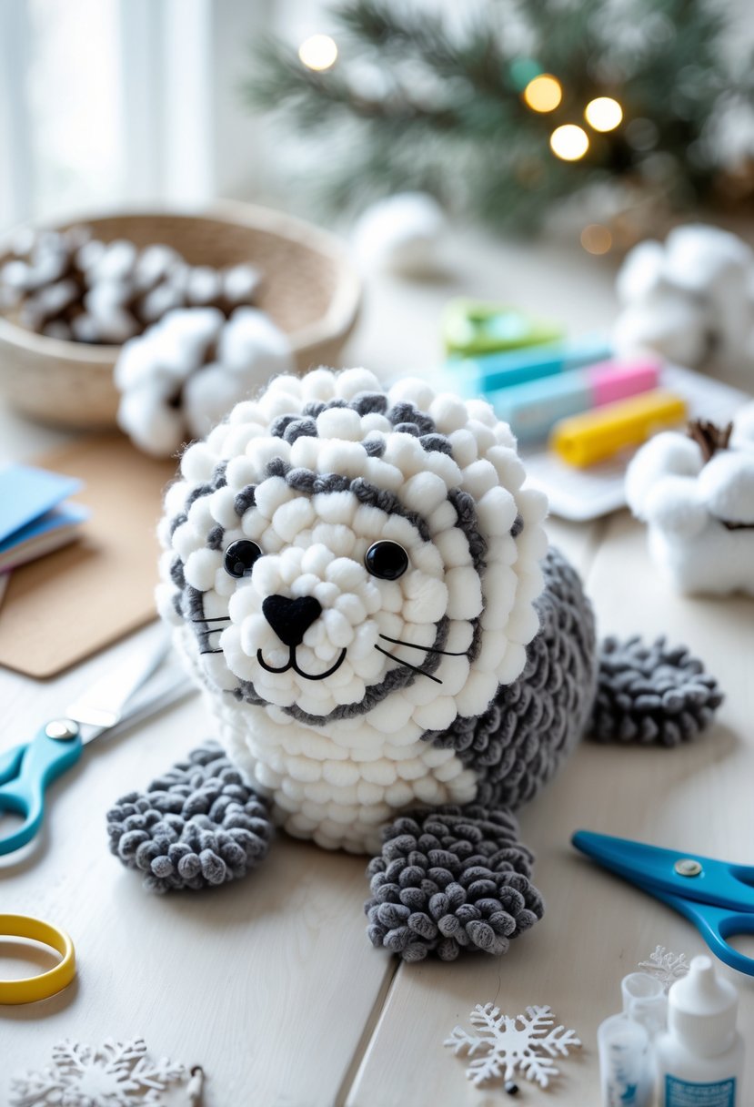 A handmade pom-pom seal pup craft surrounded by winter-themed art supplies on a table in a cozy room.