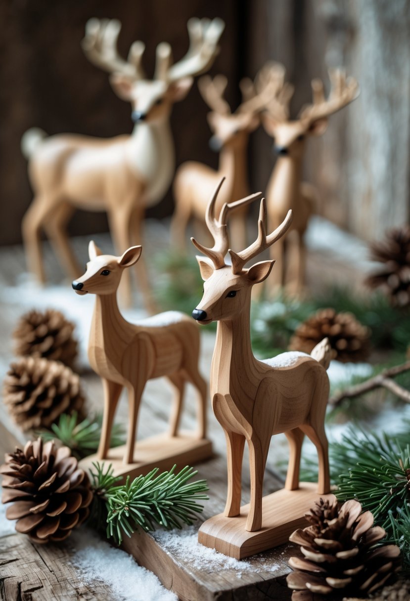 Hand-carved wooden deer figurines displayed on a wooden surface with pine cones and evergreen sprigs.