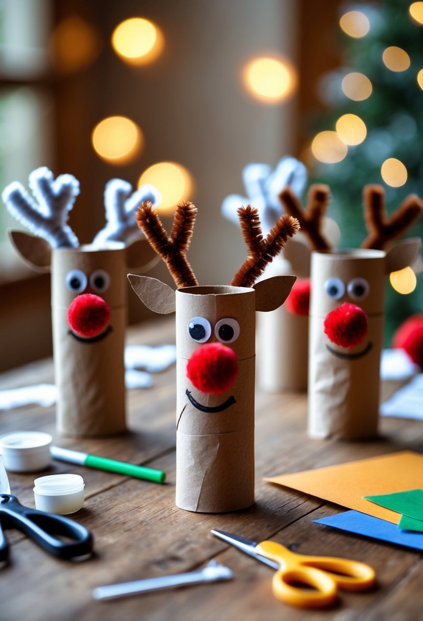 Several handmade reindeer figures made from toilet paper rolls displayed on a table with crafting supplies around them.