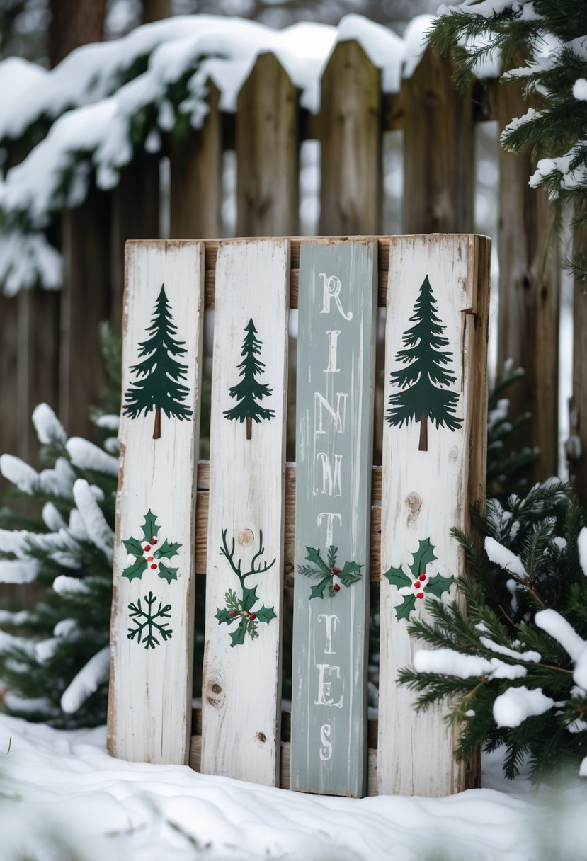 A wooden pallet painted and decorated with winter motifs like snowflakes and pine trees, set outdoors with snow-covered pine branches and a wooden fence in the background.
