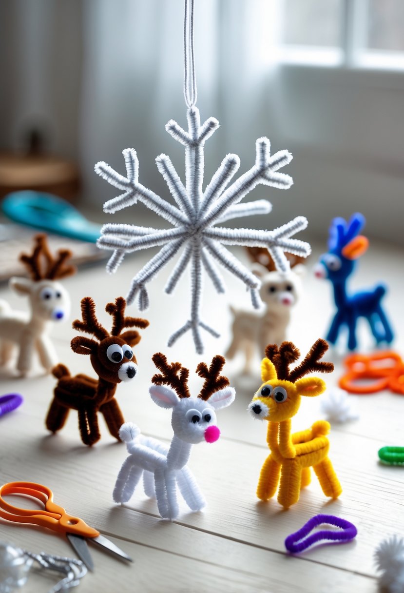 A display of colorful pipe cleaner crafts including a snowflake and small deer figures arranged on a wooden surface.