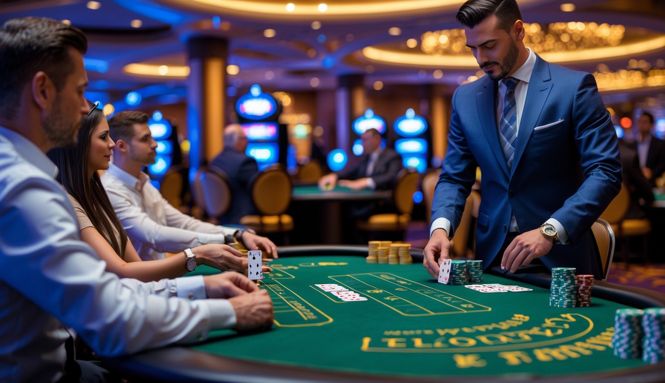 Suasana meja blackjack di kasino dengan dealer dan pemain yang sedang bermain kartu.