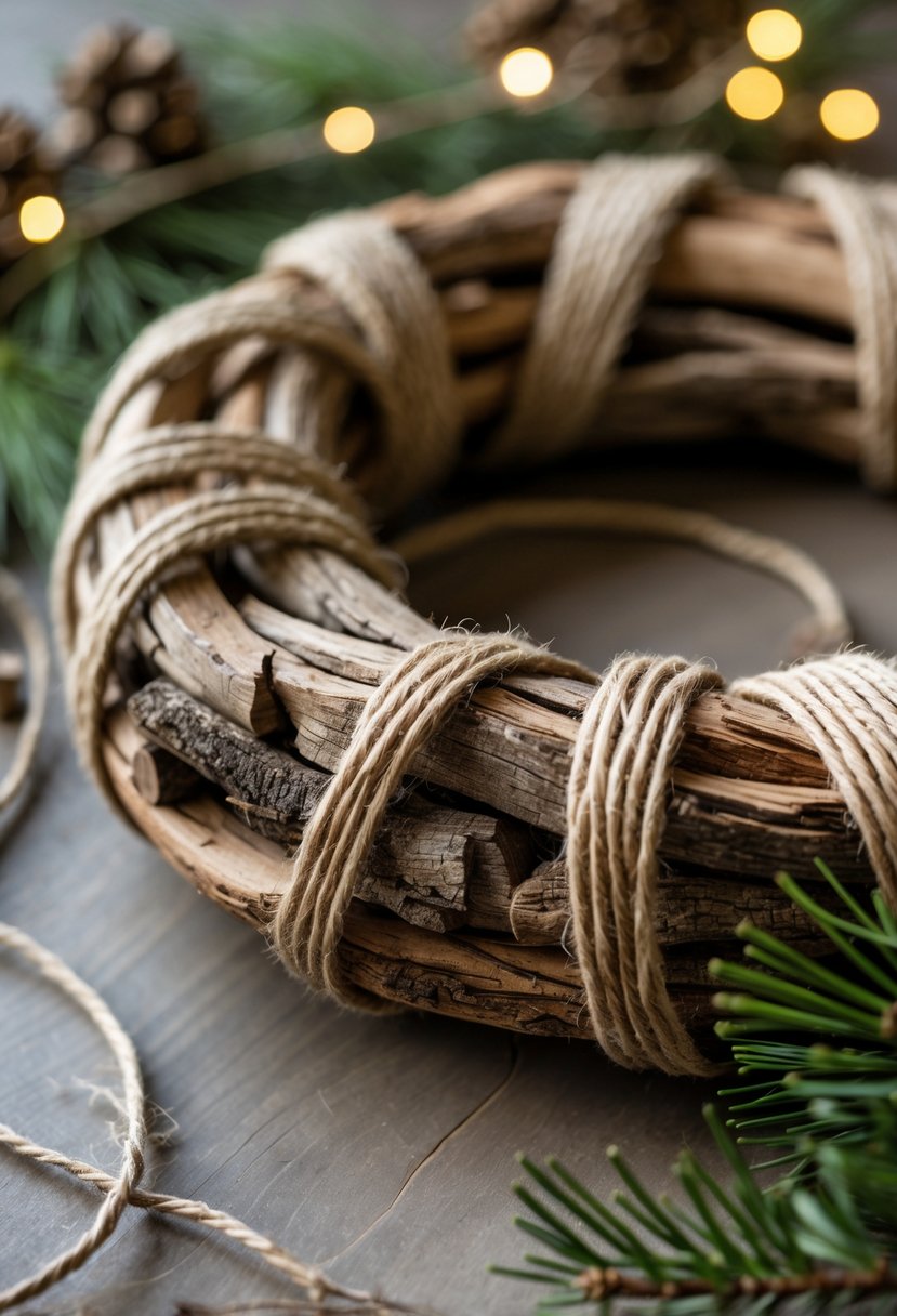 A circular wreath made of intertwined wooden branches wrapped with twine, displayed against a softly blurred background.
