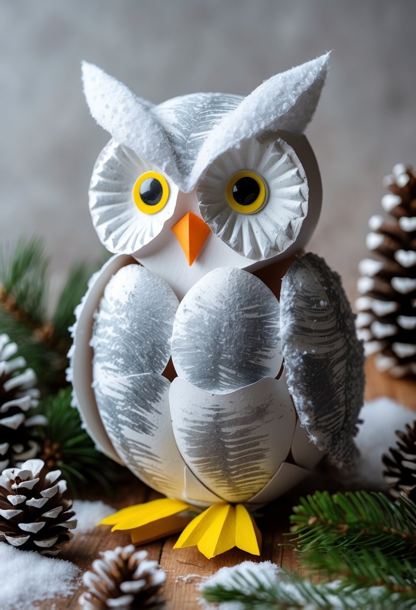 A handmade snowy owl craft made from an egg carton surrounded by winter decorations on a wooden surface.