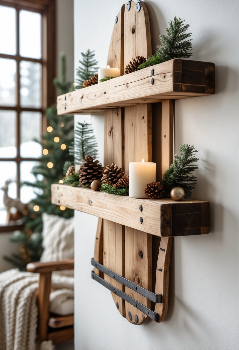 A wooden sled mounted on a wall and used as a shelf holding pinecones and small winter decorations.