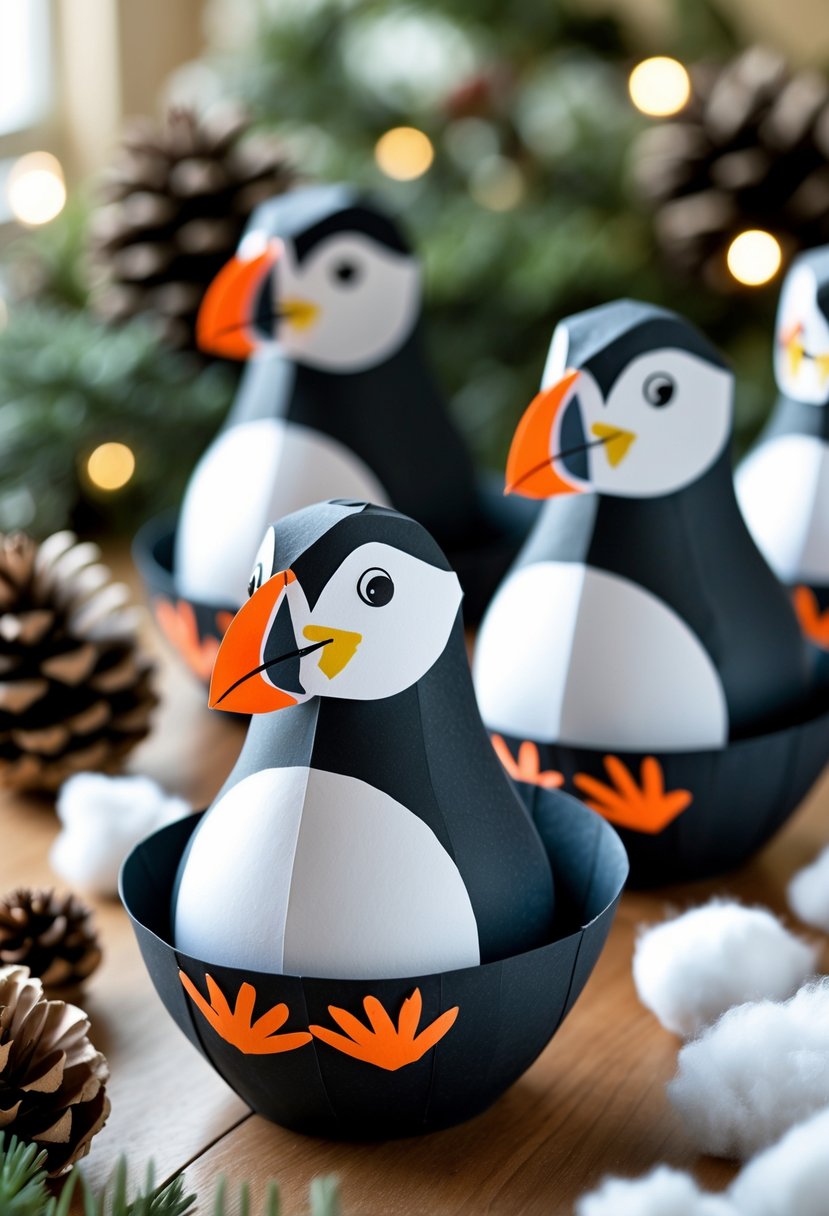 Several colorful paper bowl puffin crafts arranged on a wooden table with winter decorations like pine branches and pinecones.