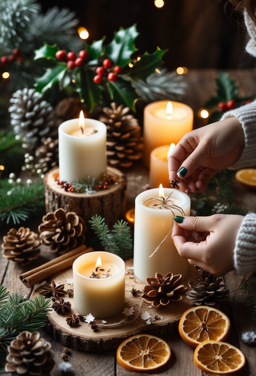 Hands decorating candles on a wooden table with pinecones, cinnamon sticks, dried orange slices, and evergreen sprigs, surrounded by winter-themed craft materials.