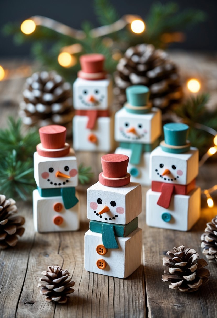A group of painted wooden block snowmen arranged on a wooden surface with pinecones and evergreen sprigs.