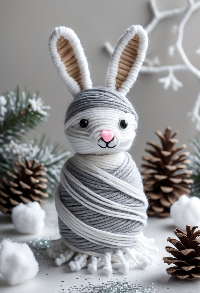 A small snow hare made from white yarn wrapped to form a rabbit shape, surrounded by winter craft decorations like pine cones and cotton balls on a soft snowy background.