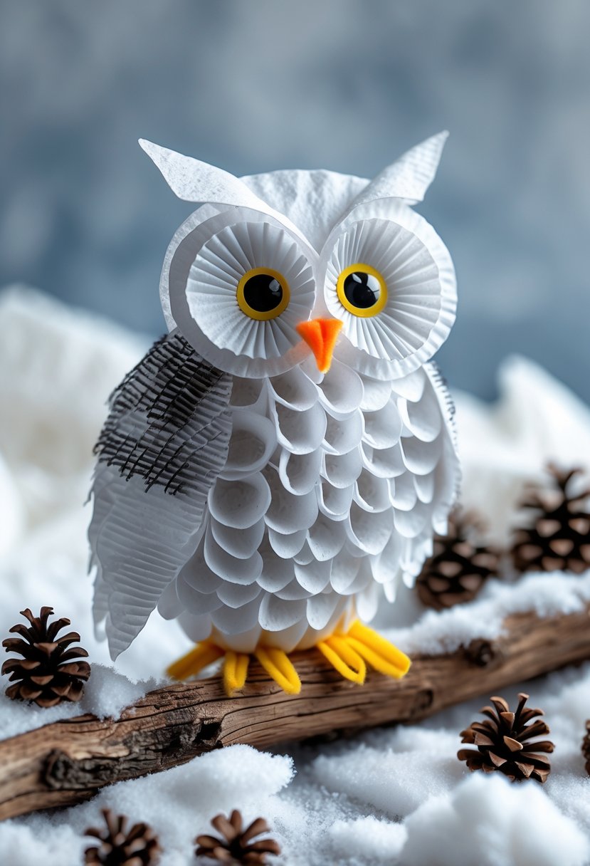 A handcrafted snowy owl made from white coffee filters perched on a wooden branch with snow and pine cones around it.