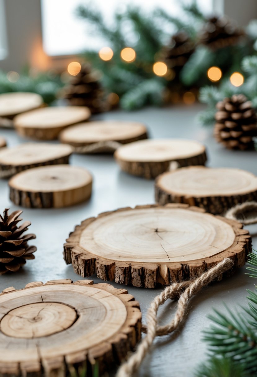 A garland made of natural wood slices strung on twine, displayed with pine cones and evergreen branches.