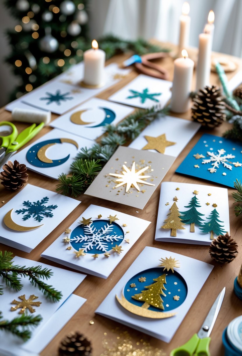 A table with handmade winter solstice cards and crafting materials like paper, scissors, glue, pinecones, and evergreen branches.