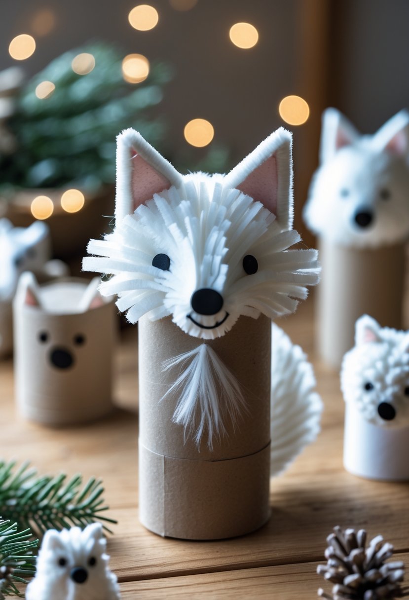 A small Arctic fox craft made from a cardboard tube surrounded by other winter animal crafts on a wooden surface.