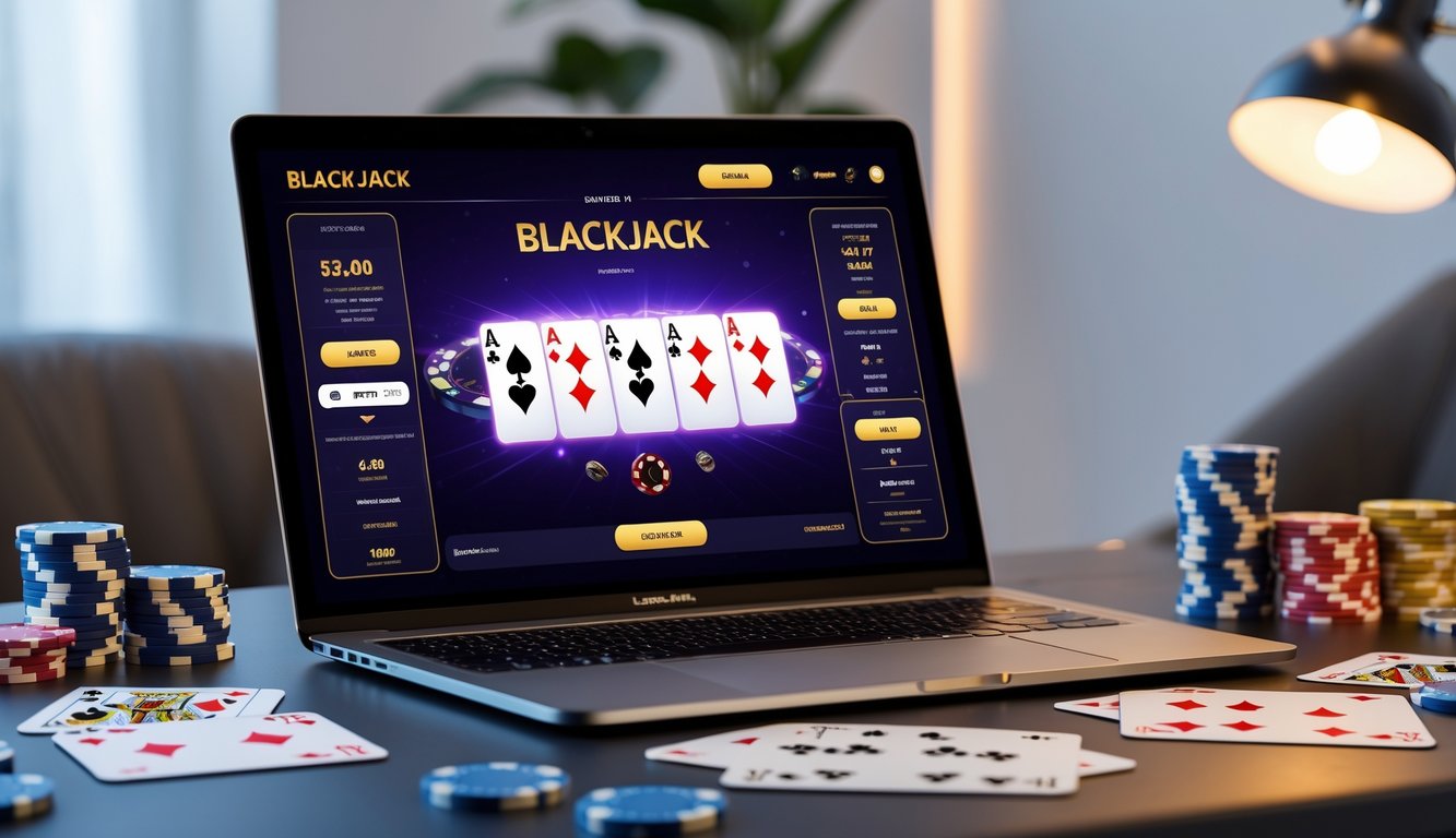 Sebuah laptop menampilkan permainan blackjack online dengan kartu dan chip poker di meja yang rapi.