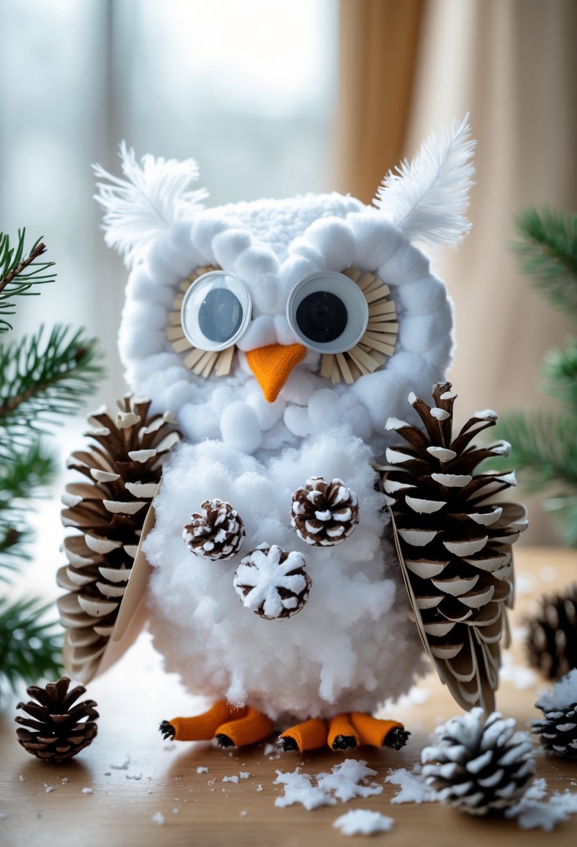 A handcrafted snowy owl decorated with large googly eyes surrounded by winter-themed decorations on a wooden table.