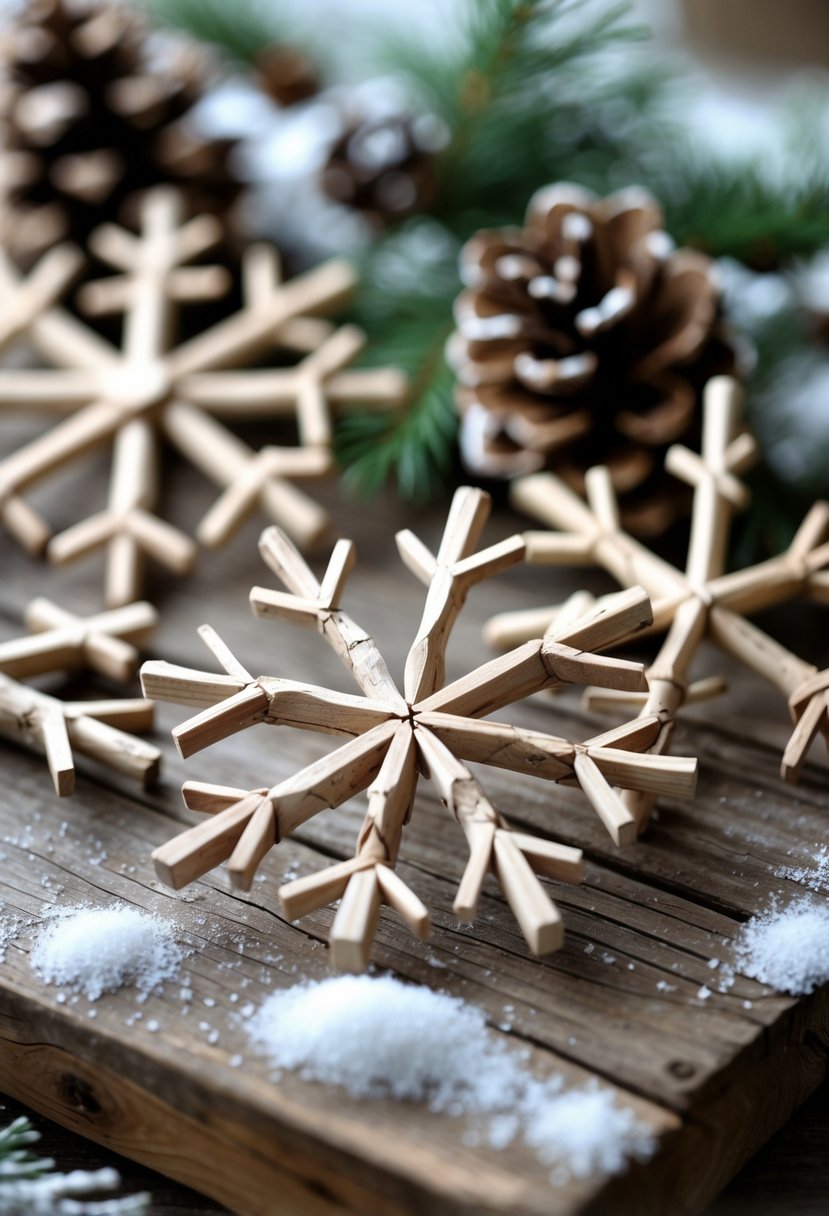 Several wooden twig snowflake ornaments arranged on a rustic wooden surface with winter decorations in the background.