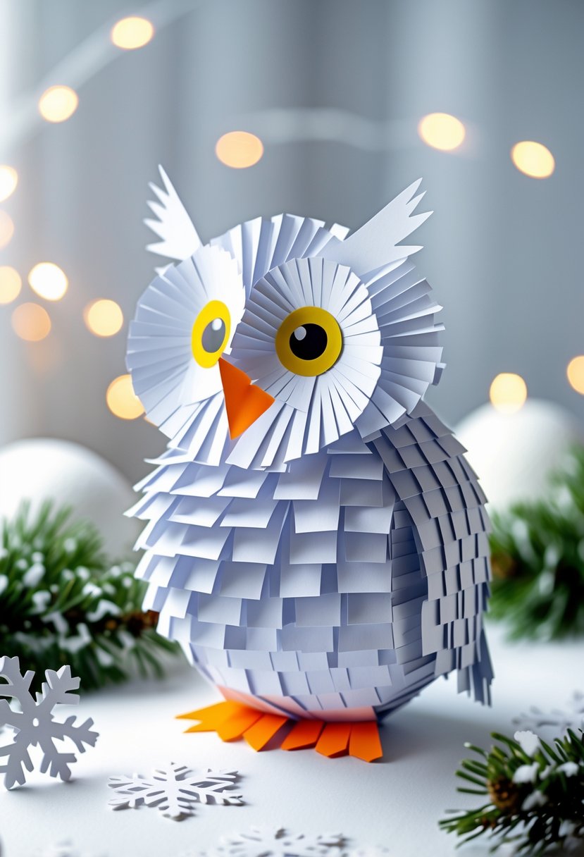A paper strip craft of a snowy owl surrounded by winter decorations on a white surface.