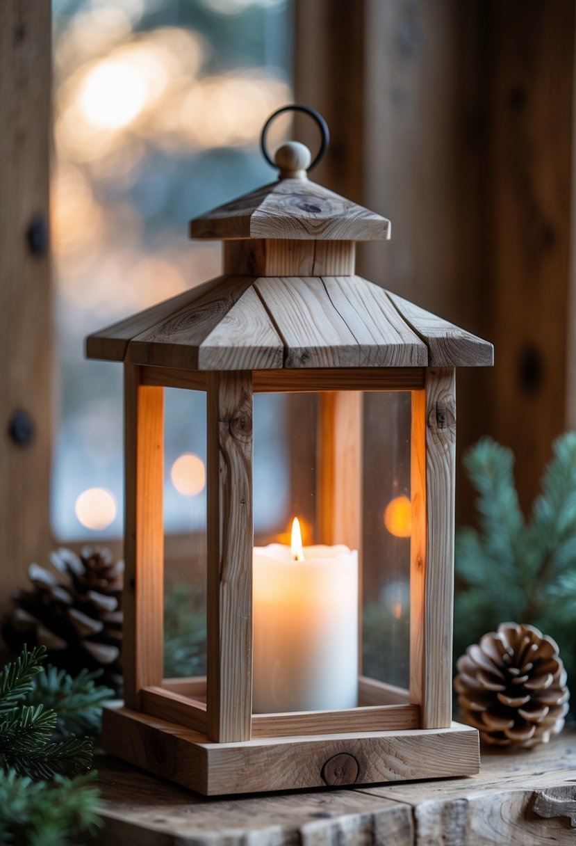 A handmade wooden candle lantern with glass panels glowing softly on a wooden surface surrounded by pine cones and evergreen sprigs.