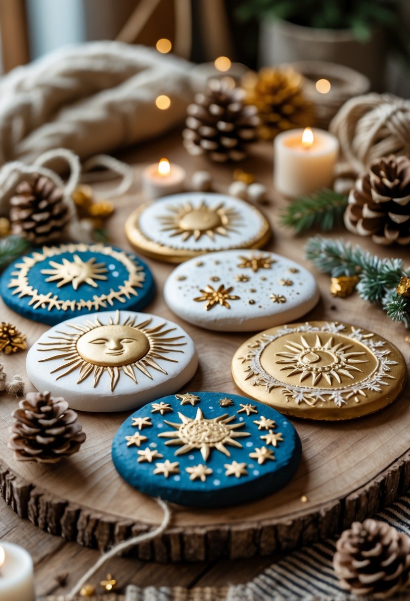 A collection of decorated clay solar disks with winter solstice designs arranged on a wooden table surrounded by natural craft materials and candles.