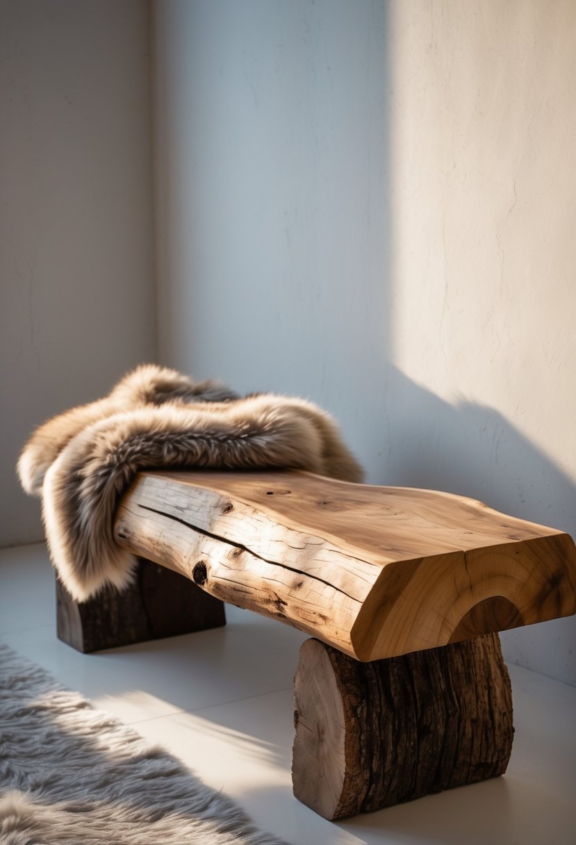 A wood slab bench with a fur throw draped over it in a simple indoor setting.
