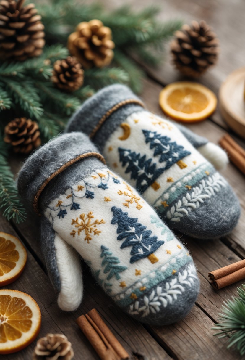 A pair of felted wool mittens with winter-themed designs placed on a wooden surface surrounded by pine cones and evergreen sprigs.
