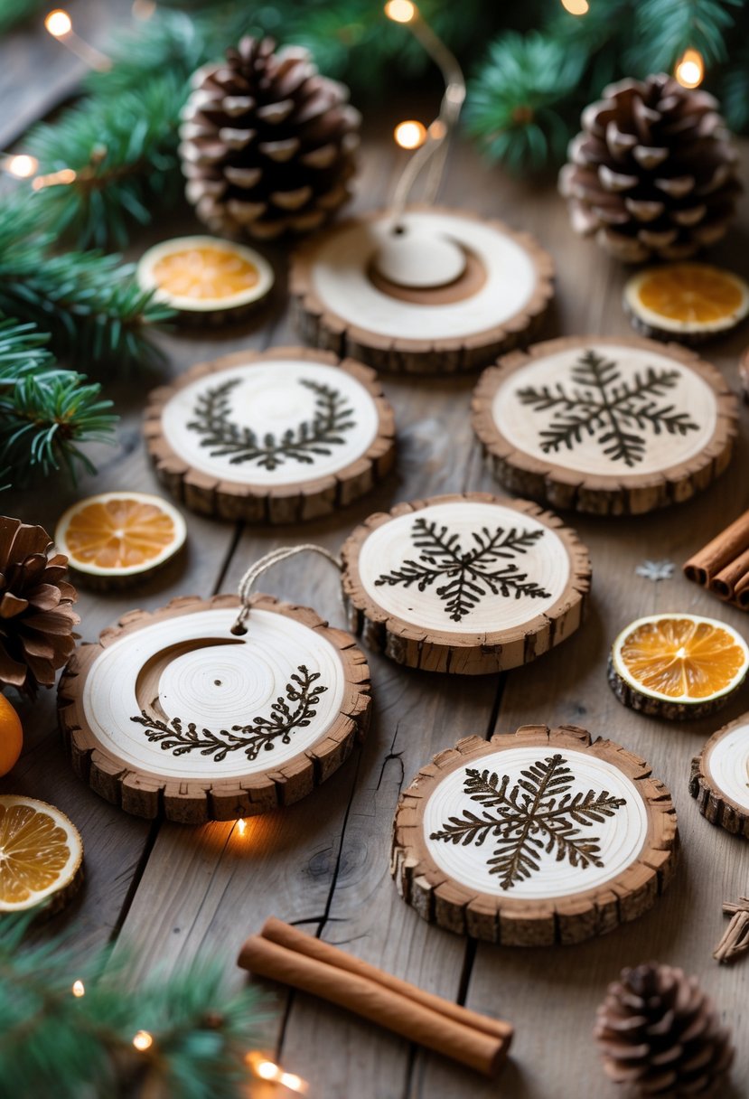 A collection of decorated wood slice tree ornaments displayed on a wooden surface with pinecones, evergreen sprigs, and warm fairy lights.