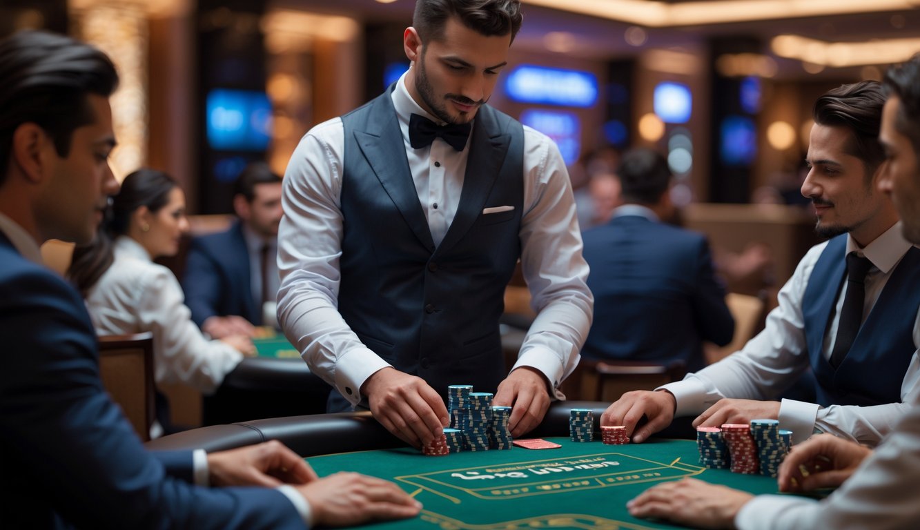 Meja blackjack di kasino dengan dealer dan pemain yang sedang bermain kartu.