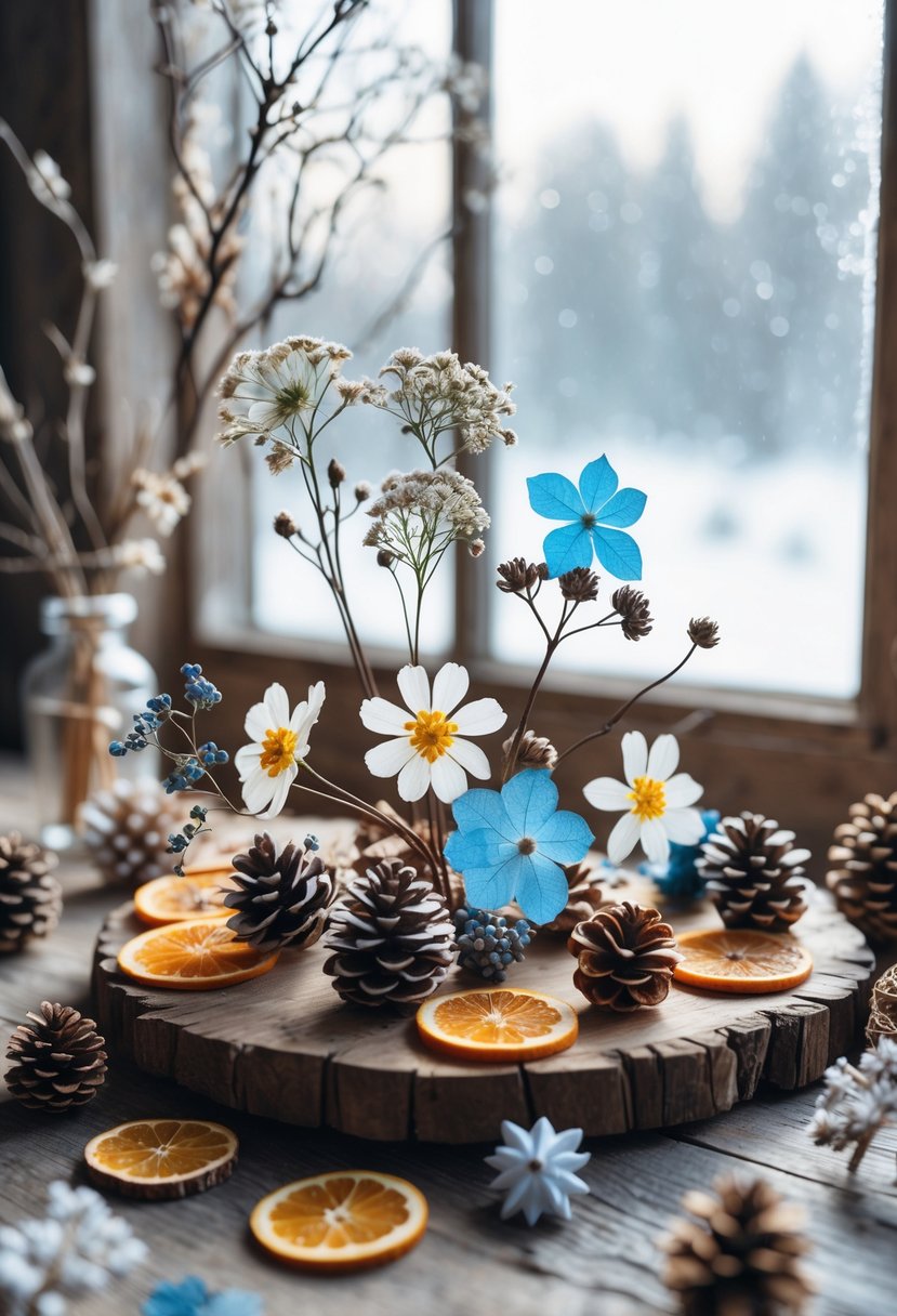 Pressed flowers and natural winter decorations arranged on a wooden table with a snowy landscape visible through a window in the background.