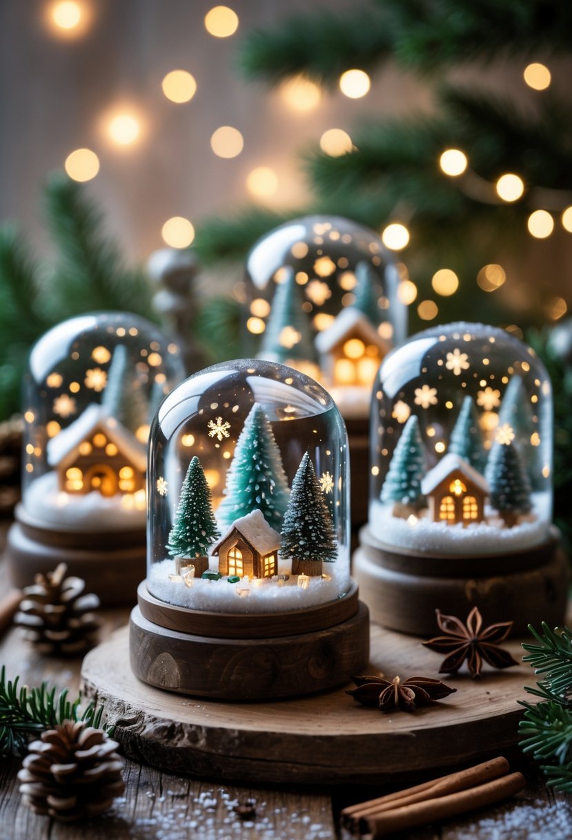 Several jars filled with miniature winter scenes and decorations arranged on a wooden table with pine cones and evergreen sprigs.