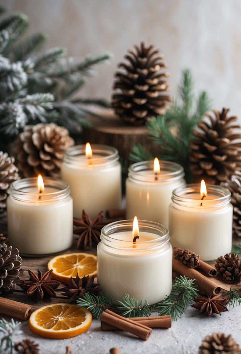A cozy arrangement of soy candles surrounded by pine cones, cinnamon sticks, dried orange slices, and evergreen sprigs on a wooden surface.