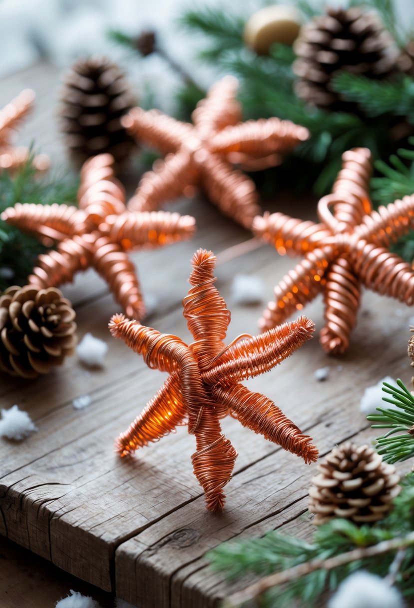 Copper wire star decorations arranged on a wooden surface with pinecones and evergreen sprigs, evoking a winter solstice theme.