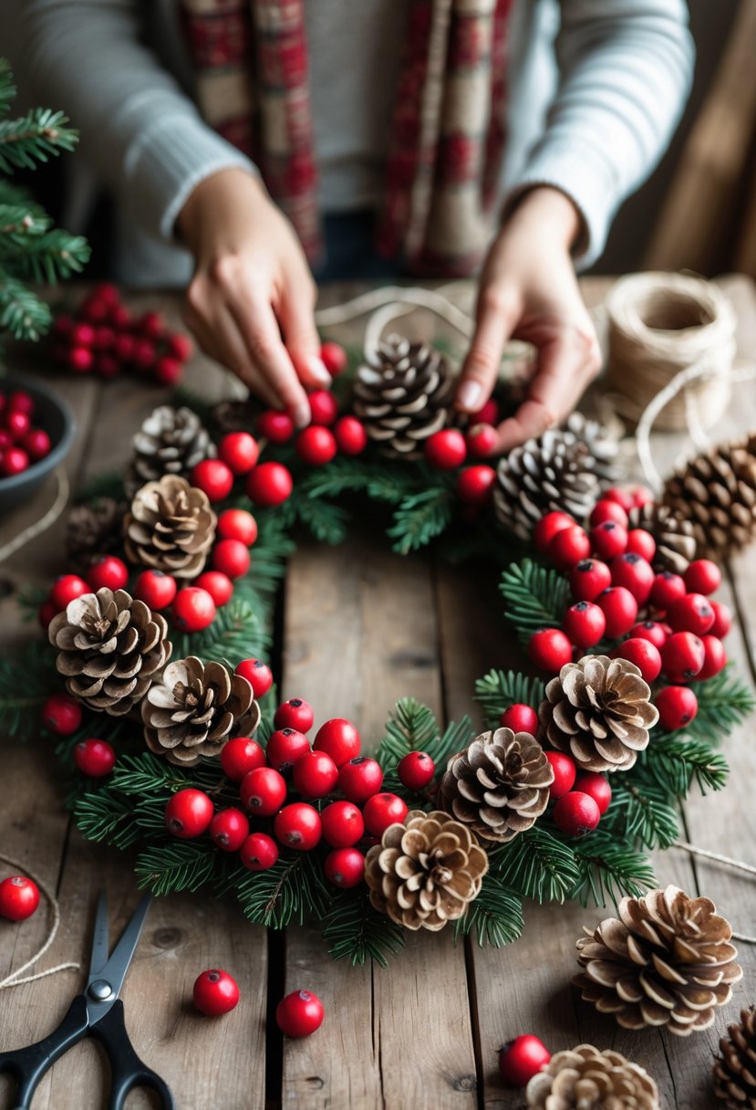 A winter wreath made of pinecones and red berries on a wooden table with crafting supplies and hands arranging decorations.