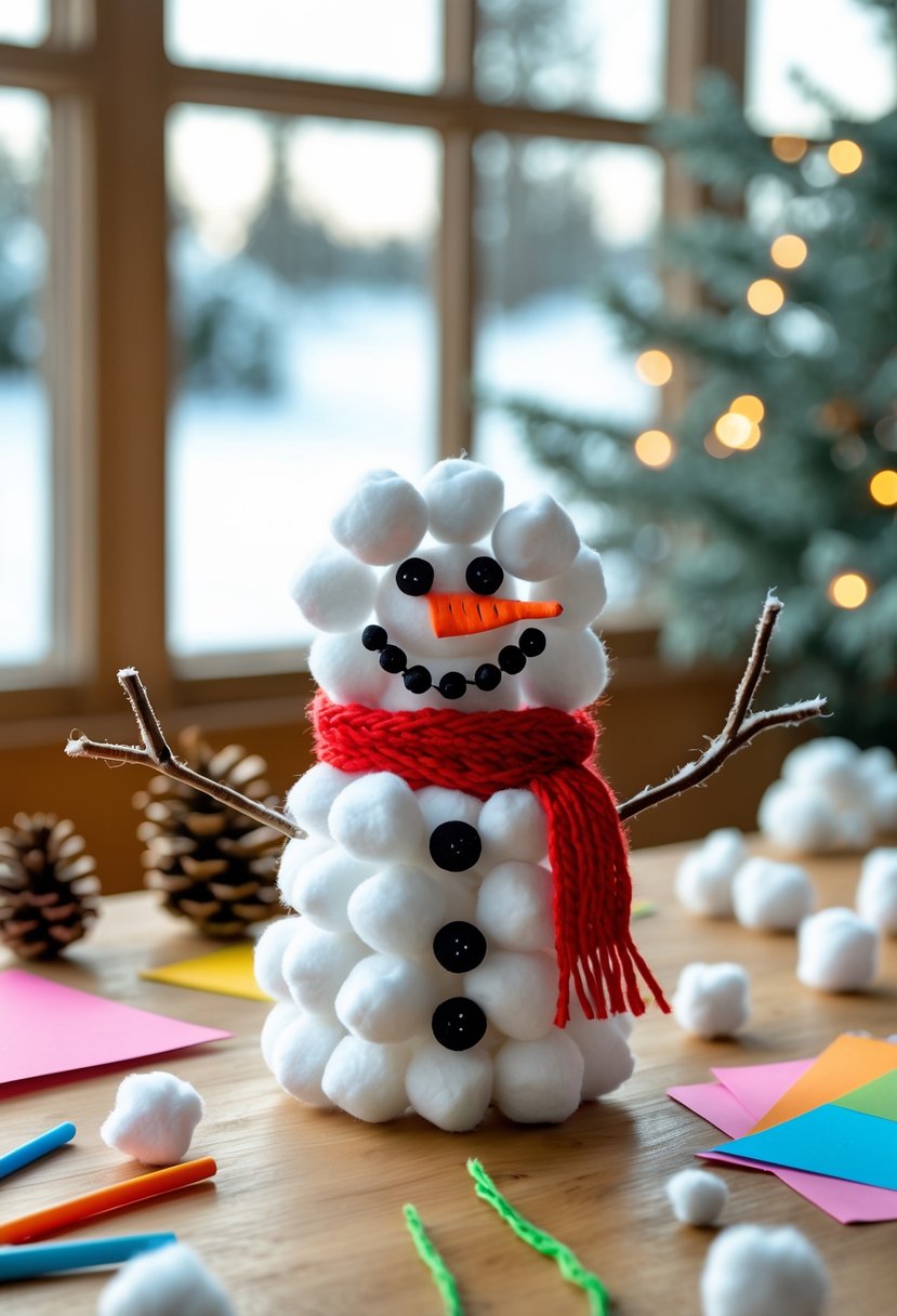 A small snowman made of cotton balls with a red scarf on a table surrounded by craft supplies indoors.