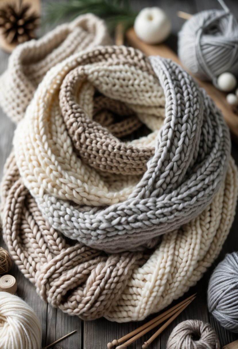 A collection of chunky knitted scarves in neutral colors arranged with yarn and knitting needles on a wooden surface.